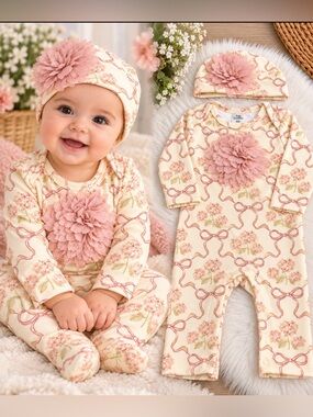 Baby Essentials 9M Baby Girl Floral Romper & Hat Set Coquette Boutique